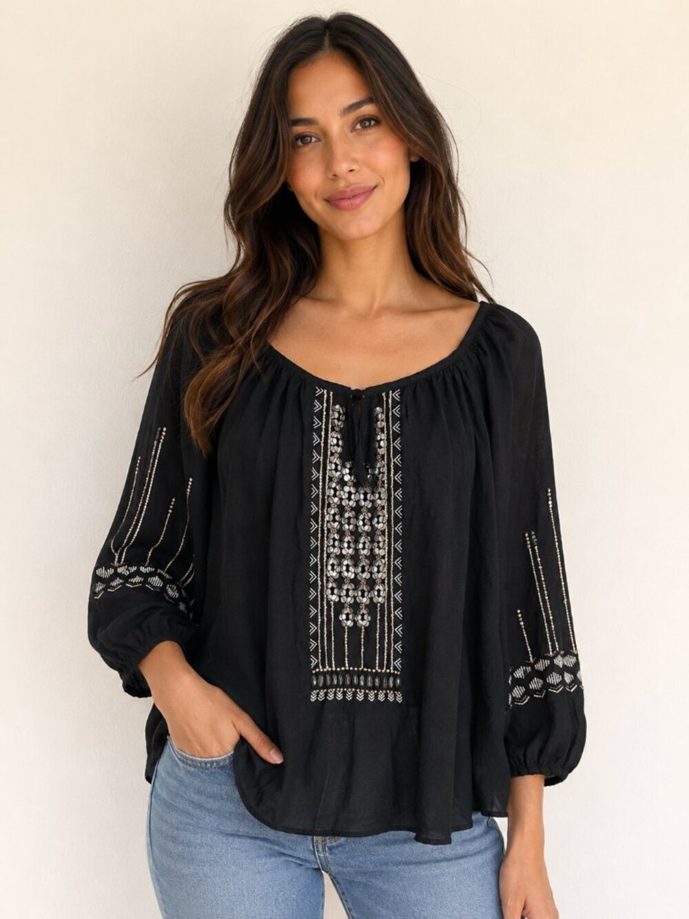 Nanette Lepore Black Embellished Boho Peasant Blouse Vacation Size XS